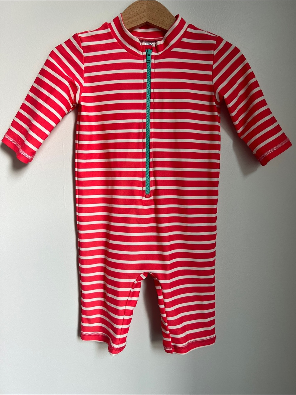 Baby Boden | Red and White Striped One-Piece with Teal Zipper Size 12-18 Months